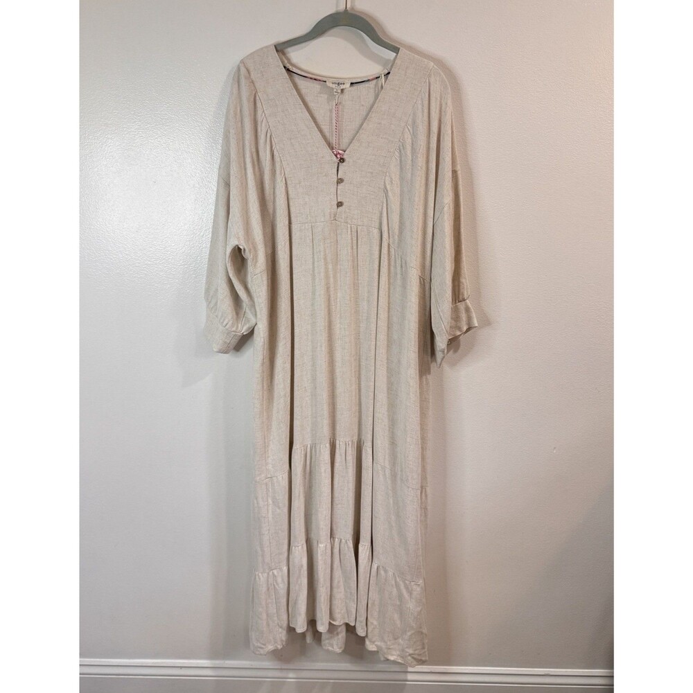 NWT Umgee Midi Shirt Dress L Linen Cotton Flax Boho Peasant Beige V-neck Ruffle